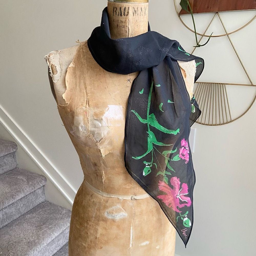 Vera Neumann Vintage Neck Scarf Black with Magenta & Green Floral Print - 60" x